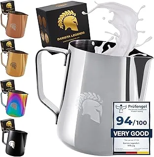 Barista Legends Jarra de leche de acero inoxidable, 350 ml, con boquilla especial para latte art, jarra de espuma de leche pulida, jarra de leche barista de acero inoxidable, accesorio barista