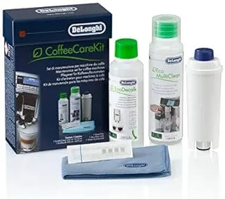 Kit de Mantenimiento para Cafetera DeLongui CoffeeCareKit - Incluye Eco Multiclean 250 ml, Descalcificador EcoDecalk 200 ml, Filtro de Agua, Tira de Prueba de Agua y Paño de Microfibra