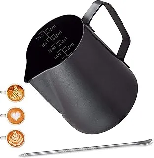 600ml Jarra para Leche para Espumar Acero Inoxidable Negro Taza de Café con Marca de Medición y Lápiz Artístico Jarritas Leche para Barista Cafetera Jarras Decorativas