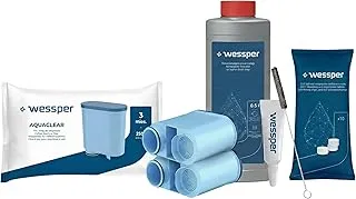 Wessper Kit de Mantenimiento para Philips & Saeco – 2x Filtros Compatibles con AquaClean CA6903, Descalcificador 500ml, 10x Pastillas, Grasa & Cepillo – Limpieza Cafetera Automática & Espresso