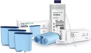 Aquafloow kit de mantenimiento para cafetera Philips/Saeco – 4 filtros compatibles AquaClean CA6903, descalcificador 1000 ml, 20 pastillas de limpieza, cepillo y grasa de silicona