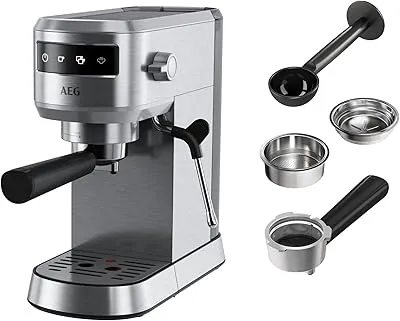 AEG Cafetera Espresso Compacta EC6-1-6ST, 15 Bares, Café Molido y Monodosis, Pantalla Táctil, Espumador de Leche, Depósito 1L, Apagado Automático, Inox