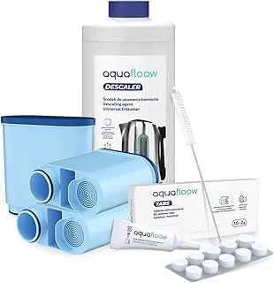 Aquafloow Juego de Mantenimiento para Cafeteras Compatible con Philips Saeco | 3x Filtro de Agua Repuesto AquaClean, Pastillas de Limpieza 10x2g, Descalcificador 1000ml, Cepillo de Limpieza Lubricante
