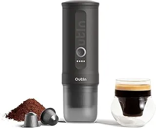 OutIn Nano Cafetera Espresso Eléctrica Portátil, Cafetera de Viaje para Camping, Cafetera de Coche Autocalentable con USB-C, Con Café Molido y Cápsula NS para RV, Senderismo, Oficina