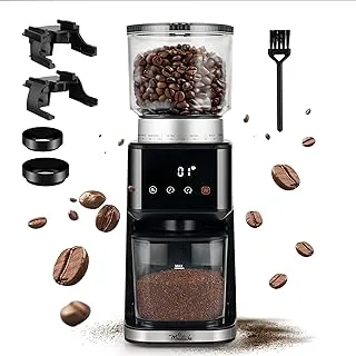 La Moustache - Molinillo de Café Eléctrico 165W con Mecanismo Cónico de Acero Inoxidable 350g | 51 Grados de Molido【LED】Contenedor Transparente - Tazas/Tiro/Tiempo y Cepillo (GrindMaster Silver)