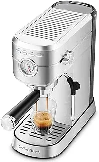 CASABREWS Cafetera Expresso y Capuccino, 20 Bares Café Expreso Manual con Manómetro, Barista Cafetera Cafe Molido, Depósito Extraíble de 1L, Portafiltros con Doble Salida y 2 Filtros, 1350W, Inox
