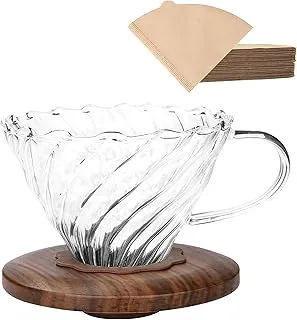 Dripper de café con 100 piezas de filtro de papel tamaño #4, vidrio de borosilicato y collar de nogal, cafetera de goteo, 1-3 tazas, transparente (gotero de café)