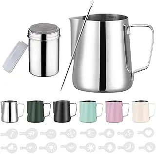 350ml Jarra Leche Barista Acero Inoxidable,con Medición Mark 12 oz, Jarra de Espuma de Leche con Dispensador de Cacao, 16 Plantillas y Bolígrafo para Capuchino y Espresso,Plata