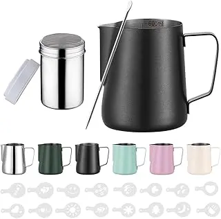 Jarra de leche de acero inoxidable, 600 ml, con medición Mark 20 oz, jarra de espuma de leche con dispensador de cacao, 16 plantillas y bolígrafo para capuchino y espresso, Nior