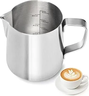 Jarra de Leche 200ml, Jarra de Acero Inoxidable con Medición para Máquina de Café, Pequeña Jarra para Barista en Casa Cappuccino Espresso, Taza de Arte Latte Resistente a la Oxidación