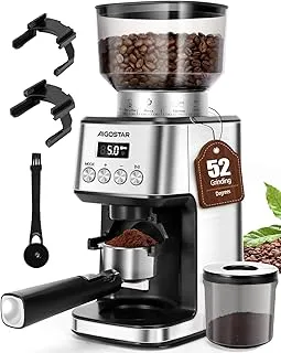 Aigostar Molinillo de Café Eléctrico, 52 Ajustes de Molido Molinillo Café de Cono, Grinder Electrico Para Café Espresso, Moledor Profesional con Pantalla Lcd Digital Precisa, Acero inoxidable, Plata