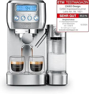 CASO Espresso Gourmet Latte – Prueba de buena calidad, máquina portafiltros con recipiente de leche integrado, bomba ULKA de 20 bar, placa de calor para tazas, 1 o 2 tazas, plata, acero inoxidable