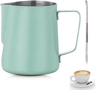 Jarra de Leche Acero Inoxidable,Tianher Jarra Leche Cafetera Barista Taza de Espumador con Marca de Medición y Lápiz Artístico para de Café de Mano y Latte Art Capuchino 350ml (verde)