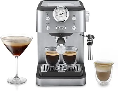 De'Longhi Classic EM450.M, Máquina Café Manual con Varilla Vapor, Máquina Espresso con Bomba Barista, Boquilla para Capuchino, Filtro Doble Pared, 15bar, Taza Hasta 13cm, Acero Inoxidable/Metal