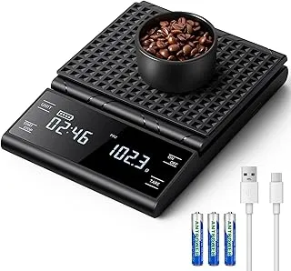 Báscula de Café Digital con Temporizador, Recargable Báscula de Espresso de Precisión 5 kg/0,1 g, con Pantalla LCD y Medición Automática Del Tiempo.