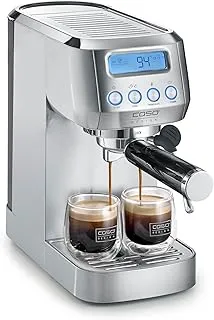 Caso Espresso Gourmet Crema - Cafetera Espresso con 1350W, bomba ULKA de 20 bares, Tiempo de calentamiento de 12 segundos, Brazo Doble Salida, Vaporizador, Superficie Calientatazas - Plata