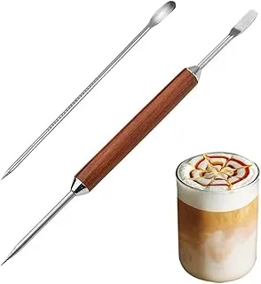 2 bolígrafos para latte art, agujas de doble cabezal para grabar café, mango de madera, agujas de acero inoxidable para latte art, agujas decorativas para café, agujas con mango de madera