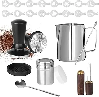 Juego de Prensador de Café de 51 mm, Accesorios para Prensar 23 PCS con Jarra de Leche de Acero Inoxidable de 350 ml y Agitador de Café, 16 Plantillas de Café, Lápiz para Arte Latte, Kit de Barista