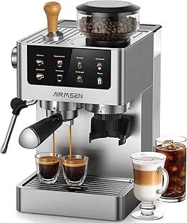 AIRMSEN Cafetera de Café Espresso con Molinillo Cónico y Vaporizador de Leche - 20 Bares, Programable, Pantalla Táctil a Color, Compatible con Cold Brew y Americano, Acero Inoxidable, Depósito 1.8L