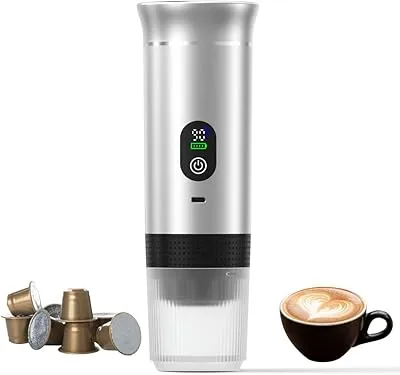 Kubiq Cafetera portátil espresso 20 bares con pantalla LED, Máquina de café 80 ml compatible con cápsulas y café molido, Carga USB-C para coche u oficina, Ideal para viaje, Presión profesional