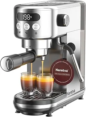 Neretva Cafetera, 20 Bares Cafetera Espresso 1350W Ultracompacta de Acero Inoxidable Con Pantalla LED & Vaporizador & Depósito de1.3 L Cafetera Express Profesional Doméstica – Espresso/Macchiato/Latte
